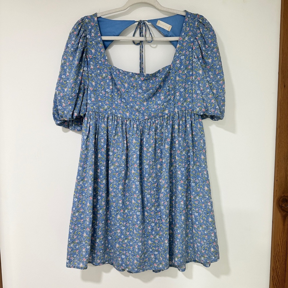 Altar'd State Babydoll Dress Women Medium Blue Floral Puff Sleeve Open Back Mini